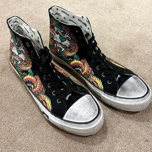 Affliction Black and Orange Graphic High-Top Sneakers